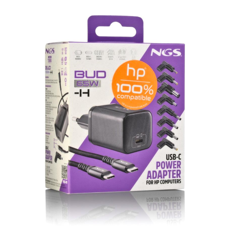 Chargeur GAN 65W avec Cable 1,5M USB-C et 8 Embouts pour Ordinateur Portable HP NGS BUD 65W-H - Noir — NGS · Smarty Paris 18e